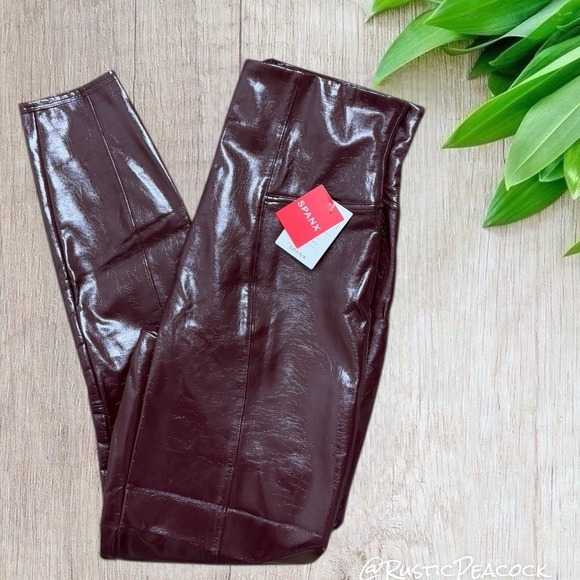 Spanx Leggings Ruby Women's Large Red Brown Faux Patent Leather High Rise Pants - Picture 7 of 9